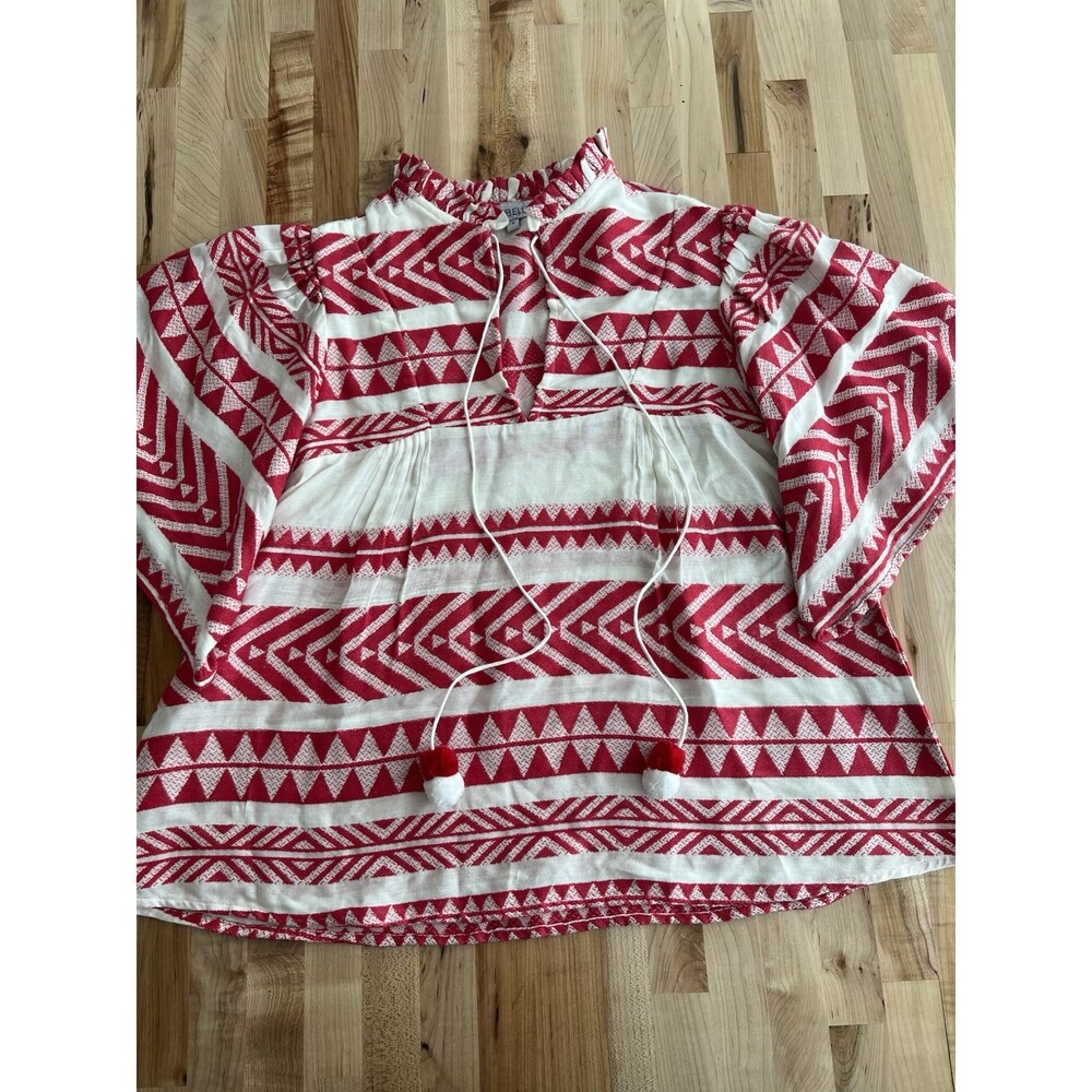 Just Bellina Boho 100% Cotton Red & White Geometric Stripe Tassels Flowy Small